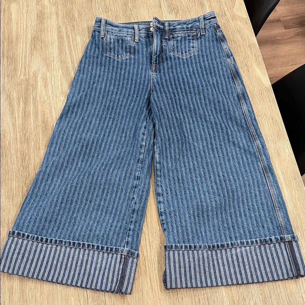 Free People High-Rise Wide Leg Striped Denim Jeans - Blue